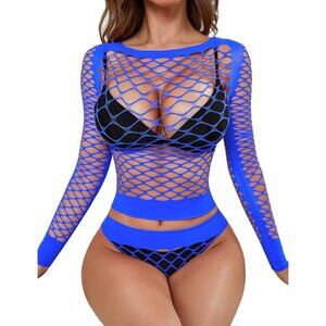 🆕 Women Blue Sexy Mesh Lingerie Fishnet Babydoll Long Sleeve Bodysuit Shirts